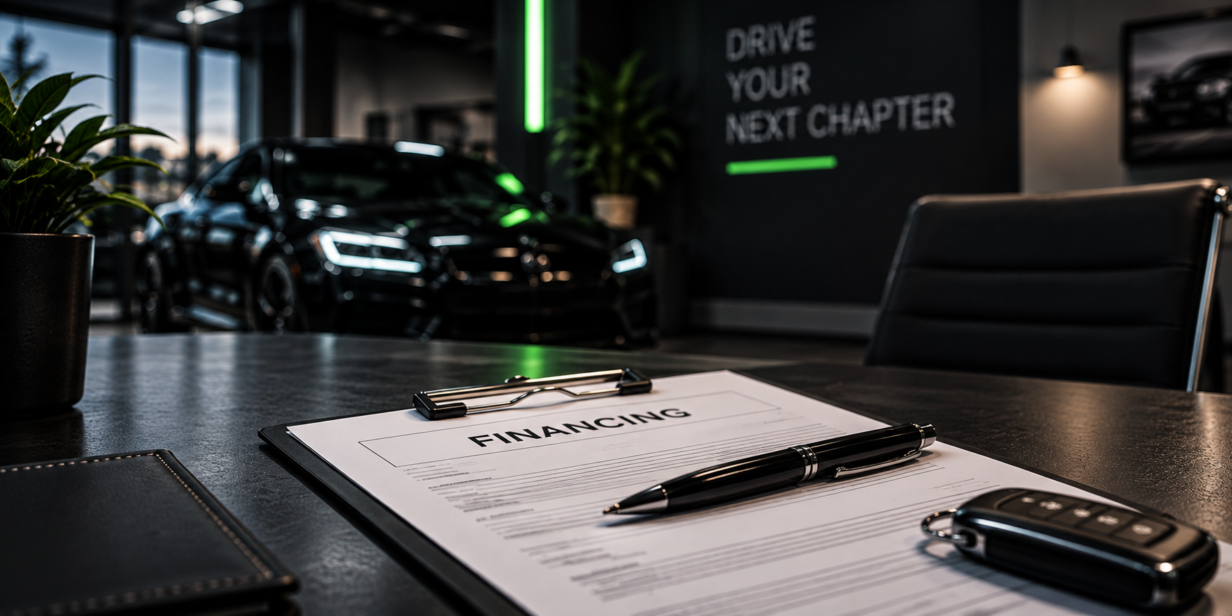 Automotive financing paperwork with vehicle key and car in background